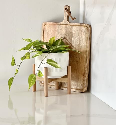 Kurrajong Farmhouse White Plant Pot with Stand | 7.25" Ceramic Planter Pot with Wood Stand for Indoors | Bamboo Plant Stand with Pot. Plant not Included | White Planter Pot is 7.25" Wide x 5.75" high Kurrajong Farmhouse