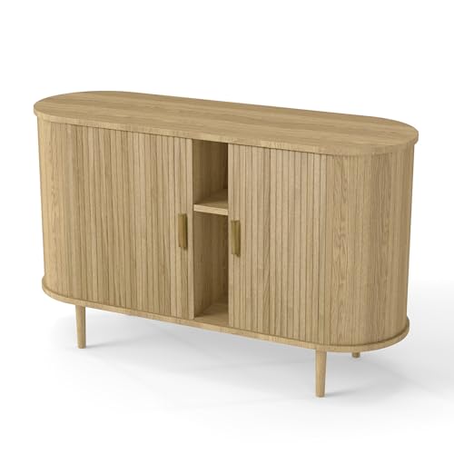 SoarTalent Fluted Sideboard Buffet Cabinet with Storage, 47" Mid-Century Modern Console Table with Sliding Doors, Wood Credenza for Dining Room, Coffee Bar Station, Light Oak SoarTalent