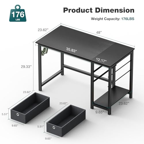 DUMOS Computer Desk with 2 Drawers, 48x24 Inch Office Desks with Shelf, Gaming Work Study Vanity Table with Storage 2-Tier Drawer for Living Room Bedroom Small Spaces,Dark DUMOS