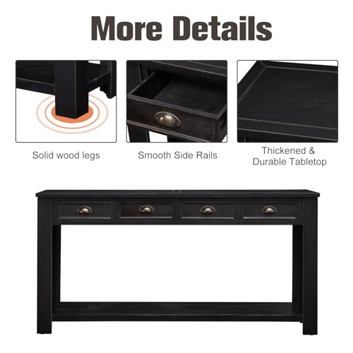 kinbor Long Sofa Table - Black 60 Inch Console Tables for Living Room, Hallway Table with 4 Drawers, Modern Wood Entryway Table with Storge Shelf kinbor