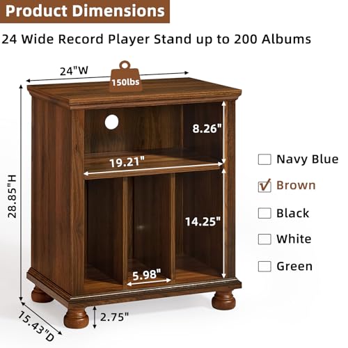 Joaxswe Record Player Stand with Vinyl Record Storage, 24" Wide Mid-Century Record Player Table Up to 200 Albums,Large Wood Turntable Stand Cabinet Dispaly Shelf for Living Room,Bedroom,Brown Joaxswe