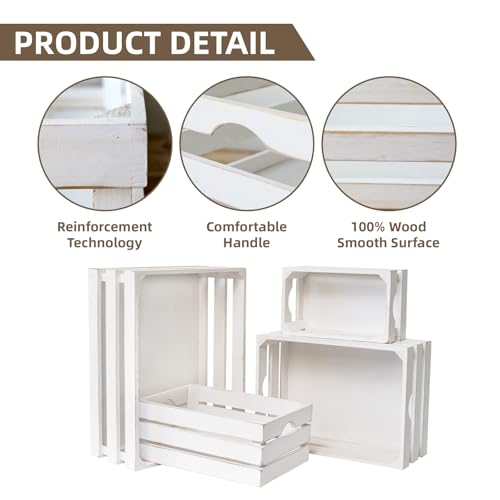 JUMBO HUMBLE Set of 4 Large Wooden Decorative Storage Crates, Whitewashed Nesting Wooden Crates for Display Rustic, Farmhouse Wooden Storage Container Boxes Made from 100% Wood JUMBO HUMBLE