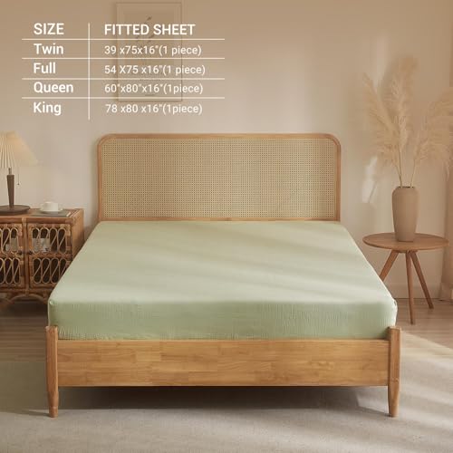 100% Muslin Cotton Sage Green Fitted Sheet Twin Only with 16" Elastic Deep Pocket, 1 Pack Soft Breathable Absorbent Gauze Single Fitted Bottom Sheet, Minimalist Fluffy Wrinkle Mattress Protector YASMENG
