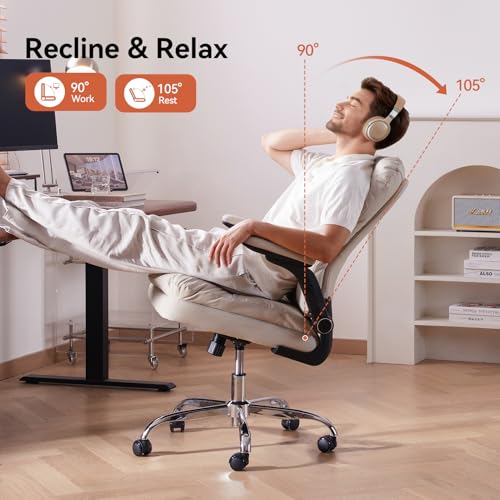 LEAGOO Ergonomic Executive Office Chair, Mid Back Comfy Desk Chairs with 3D Padded Flip-up Arms, Faux Leather Computer Rolling Chair with Wheels for Home, Adjustable Height, 300lbs, Beige LEAGOO