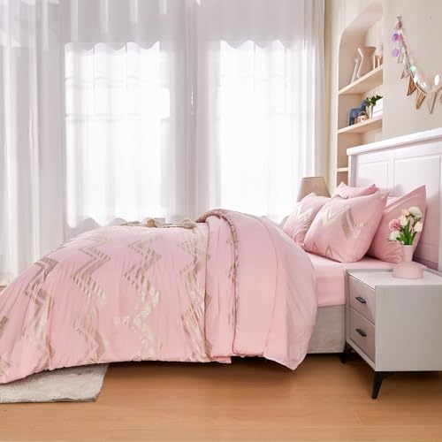 Wowelife Queen Comforter Set for Girls, Gold Glitter Foil Queen Bedding Comforter Set for Kids, 7 Pieces Bed Set for All Seasons, Teen Girl Bedroom Sets with 2 Pillow Shams and 2 Pillowcases Wowelife