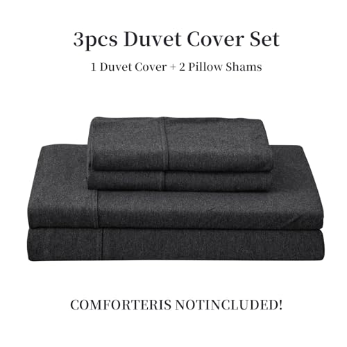 PURE ERA Jersey Knit Duvet Cover Set 100% T-Shirt Cotton Super Soft Comfy 3pc Bedding Set with Zipper Closure (Heather Charcoal Grey, Queen) PURE ERA