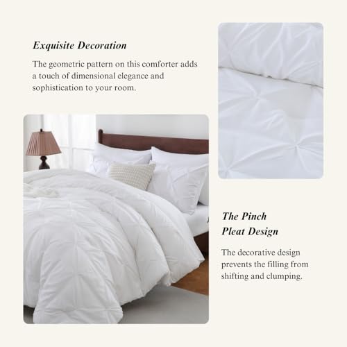 Sheet&Joy Queen Comforter Set, 7-Piece Bed in a Bag, Pintuck Bedding Sets for All Season, Includes Comforter, Flat Sheet, Fitted Sheet, Pillowcases and Pillowshams, White Sheet&Joy
