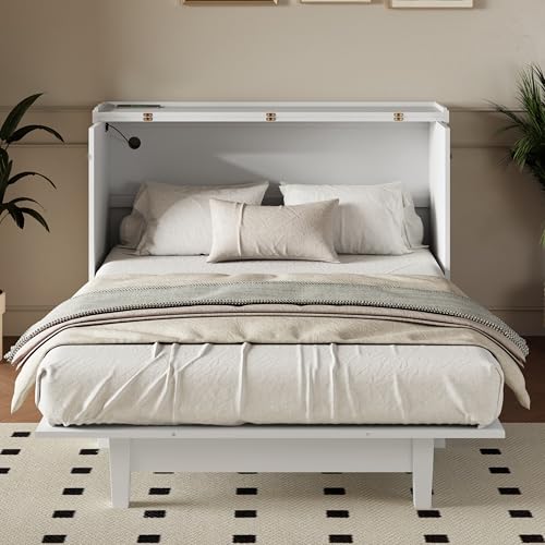 PVWIIK Queen Murphy Bed with Drawer & Charging Station for Home Office or Small Room,Solid Pine Chest Cube Cabinet Bed w/Slats Support for Girls/Boys,Modern Style & Space Saving Design,White PVWIIK