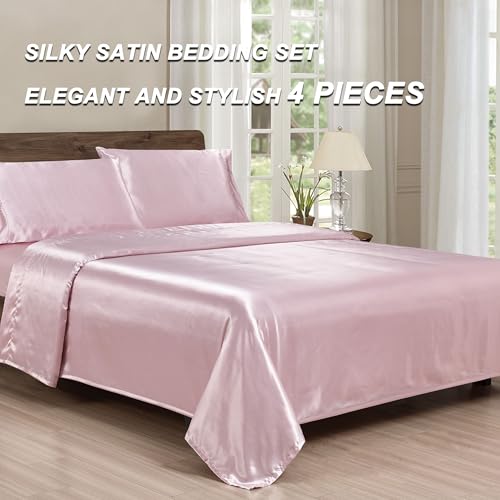 COZYXWORLD 4 Piece Satin Silky Sheet Set Queen Size, Cooling & Smooth Bedding Set for Hair and Skin, Deep Pocket Aesthetic Cute Women Bedroom Decor, Pink COZYXWORLD