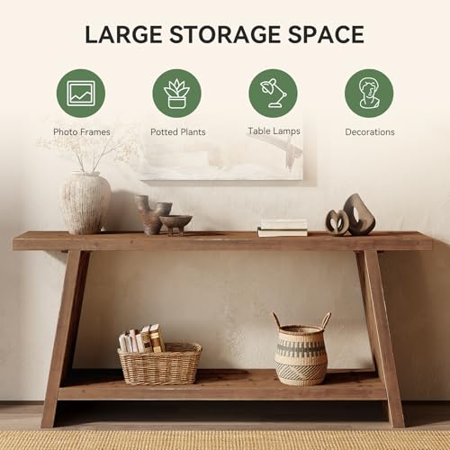 TRIBEWOOD 70.9'' Solid Wood Console Table, Narrow Long Sofa Table Behind Couch with 2-Tier Storage, Farmhouse Entryway Table for Living Room, Hallway, Foyer, Brown TRIBEWOOD