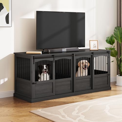 Homiflex 70.86" Double Dog Crate Furniture for 2 Medium Large Dogs Wooden Heavy Duty Dog Kennel Furniture with 2 Sliding Doors and Divider Decorative Dog Cage TV Stand End Table for Indoor Drak Grey Homiflex