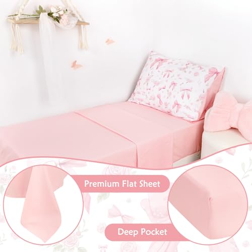 Jundetye Toddler Bedding Set for Girls 4 Pieces Pink Rose, Soft Breathable Toddler Comforter Set, Bow Flower Print, Includes Reversible Comforter, Fitted Sheet and Flat Sheet, Pillowcase Jundetye