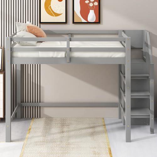 Full Size Loft Bed with Stairs and Built-in Storage Wardrobe, Wood Loft Bed Frame with Storage Shelves and Hanging Rod Gray Loft Beds for Kids Boys Girls Adults Teens Dorm Bedroom Bellemave