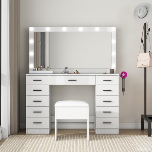 Panana Vanity Desk Set Large Mirror and Lights, Makeup Table with 11 Drawers, Power Outlet, Storage Cushioned Stool, 3 Lighting Modes, Dressing Table for Bedroom Dressing Room (White) Panana