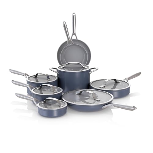 Ninja NeverStick Ceramic Pro 14-Piece Cookware Set, Non-Stick Pots & Pans Set with Glass Lids, Ceramic Coated, Stainless Steel, Stove to Oven Safe, All Stovetops & Induction Compatible, Blue CW39014MM Ninja