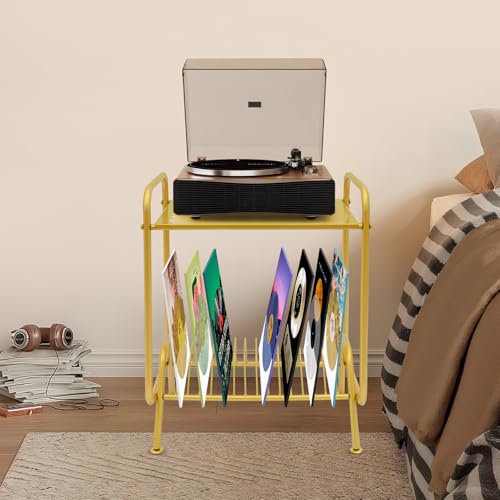 ARPITUYN 2-Tier Record Player Stand with Record Storage Shelf, Free Standing Metal Record Storage Rack with 16 Slots, Modern Player Table for Living Room, Bedroom (Gold) ARPITUYN