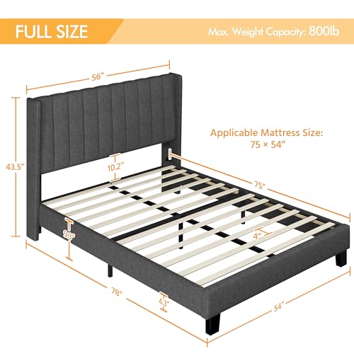 Yaheetech Dark Gray Upholstered Full Bed Frame with Wing Design and Wooden Slats Yaheetech