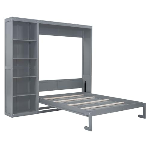 MERITLINE Queen Murphy Bed with Storage Bookcase Shelves,Wood Folding Grey Murphy Wall Bed Cabinet MERITLINE