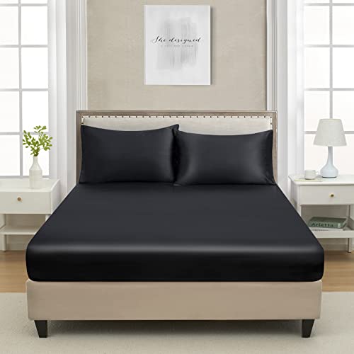 Queen Silk Satin Fitted Sheet, Soft Deep Pocket Single Bottom Bed Sheets Sold Separately, Wrinkle Free, Non- Fading, Breathable, Fully Elasticized(Queen Size, Black) Lanest Housing