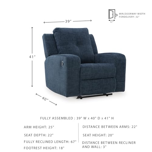 Signature Design by Ashley Danum Casual Manual Tufted Wall Hugger Recliner with Track Arms, Blue