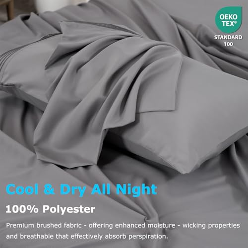 Popfavor Deep Pocket Twin Fitted Sheet with Straps - Fits Mattresses Up to 21" Thick - 2 Piece Bed Sheets - Moisture Wicking, Cooling & Soft Fitted Sheet & Pillow Cases (Grey) Popfavor