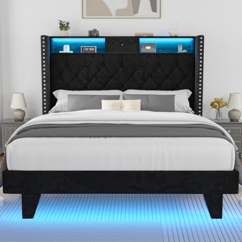Otevehde LED Full Size Bed Frame with USB Charging Station, Velvet Upholstered Platform Bed Frames with Button Tufted Wingback Storage Headboard, Wooden Slats Support, No Box Spring Needed, Black Otevehde