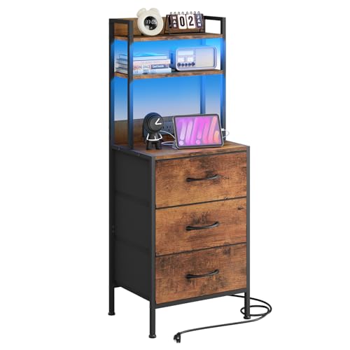 Fixwal 41 Inch Tall Nightstand with Charging Station, Led Night Stand with U-S-B Port & Socket, 3 PU Finished Fabric Storage Drawers, Office, Bedside Table & Bookshelf in One, Rustic Brown Fixwal