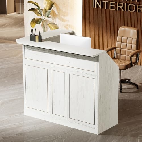 Tribesigns Reception Desk with Storage Shelves, L-Shaped Modern Front Desk, Reception Counter Table for Small Office, Salon, Checkout, White Tribesigns