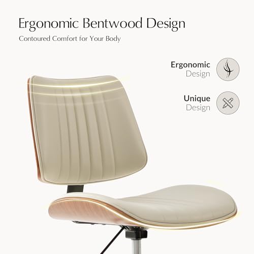 HULALA HOME Faux Leather Home Office Chair with Solid Wood Legs, 360° Swivel Desk Chair No Wheels with Bentwood Design, Mid-Century Modern Wide Seat Computer Task Chair, Ivory HULALA HOME