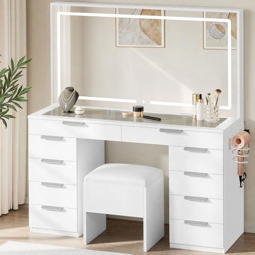 DWVO Vanity Desk Set with Mirror & Power Outlets, Vanity Table with 3 Dimmable Light Colors, 10 Drawers, Hair Dryer Rack – Modern Makeup Table with Hidden Storage Stool DWVO