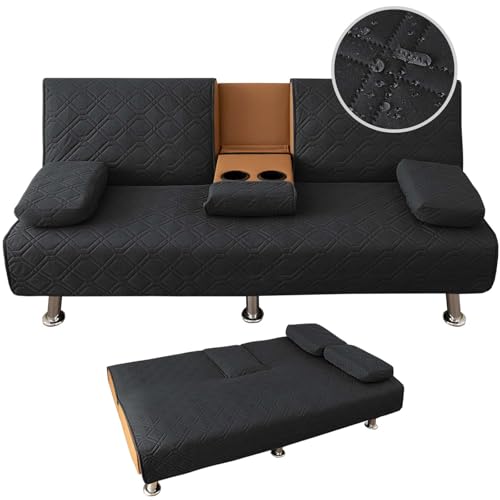 ZYXFYY 4 Pieces Click Clack Sofa Bed Cover 3 Seater, Quilted Convertible Folding Cover with 2 Removable Armrests and 1 Holders Covers (Black) ZYXFYY