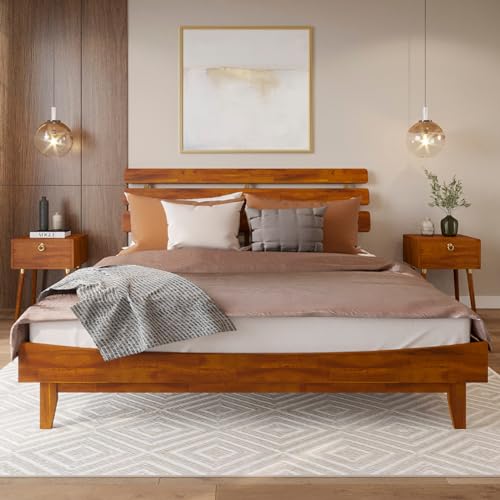Bme Caden 15 Inch King Bed Frame with Adjustable Caramel Wood Headboard - Mid Century Retro Design, No Box Spring Required Bme
