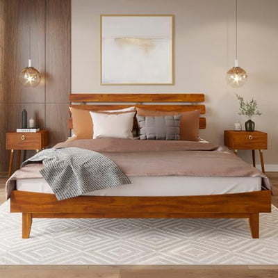 Bme Caden 15 Inch King Bed Frame with Adjustable Caramel Wood Headboard - Mid Century Retro Design, No Box Spring Required