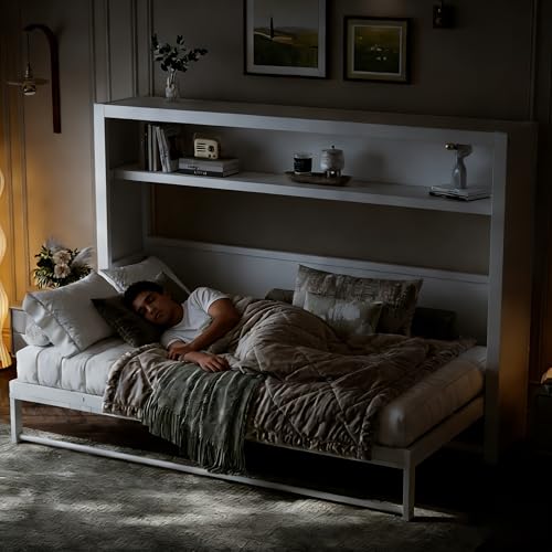 Twin Size Foldable Murphy Bed Frame with Shelf,Heavy-Duty Metal Wall Bed Cabinet, Fold into The Wall,Space-Saving Design for Bedroom,Guest Room,Home Office,White Generic