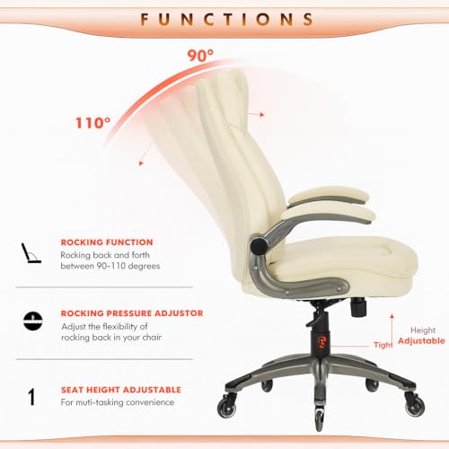 COLAMY Ergonomic High Back Office Chair, Ivory Bonded Leather Executive Desk Chair with Flip-up Arms, Thick Cushion, Silent Nylon Wheels, Adjustable Height & Rocking Function, 300lbs Capacity COLAMY