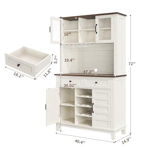 GarveeHome 72 in Tall Kitchen Pantry Cabinet, Kitchen Hutch Bar Cabinet with Microwave Stand, Cupboard with Drawers Glass Doors for Dining Room, White (Antique White, 40" Wide) GarveeHome