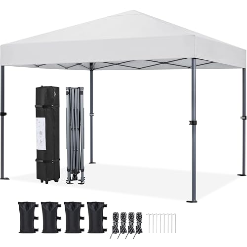 Yaheetech 10x10 1-Person Setup Pop Up Canopy Tent, Instant Portable Commercial Canopy Tent, Outdoor Gazebo with 1-Button Push, Wheeled Bag & 4 Sandbags for Home, Party & Outdoor, Silver-Coated White Yaheetech