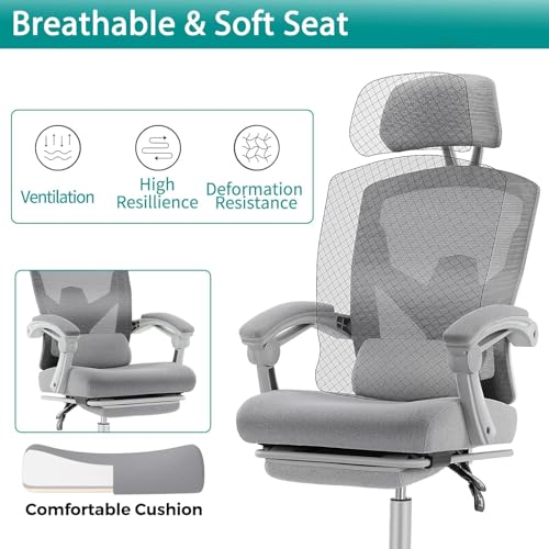 DUMOS Home Office Desk Chair with Footrest, High-Back Mesh Rolling Swivel Reclining Chairs with Wheels, Comfortable Headrest, Lumbar Support, Comfy Arms for Home, Office, Gaming, Student,Elegant Grey DUMOS