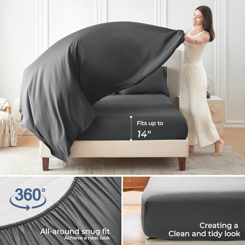 Sasttie Queen Comforter Set, 7 Pieces Bed in a Bag Queen, Complete Bedding Set Includes Grey Comforter, Flat Sheet, Fitted Sheet, Pillowcases and Pillow Shams, Dark Grey Sasttie