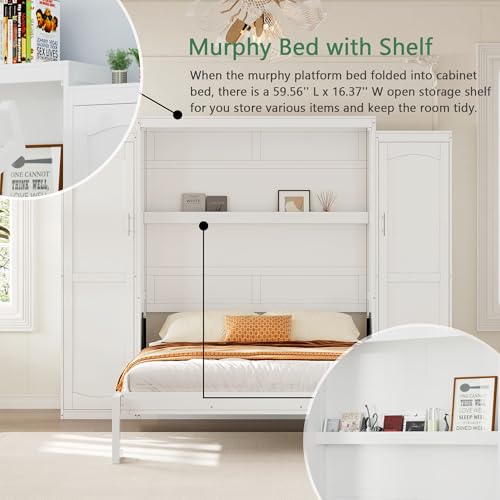 Polib Full Size Murphy Bed with Two Wardrobes and Storage Shelf, Space-Saving Wall Cabinet Bed with Foldable Platform Bedframe for Small Bedrooms, Guest Rooms and Apartments (White) Polibi
