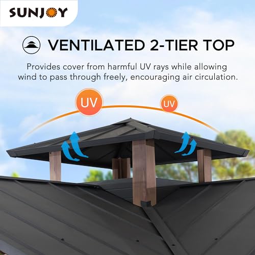 Sunjoy 12.5 x 12.5 ft. Hardtop Gazebo Outdoor Cedar Frame Wood Gazebo with Steel 2-Tier Hardtop Roof and Ceiling Hook, Black by SummerCove Sunjoy