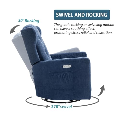 Ketaiyou Power Swivel Rocking Recliner Chair, Electric Rocker Nursery Glider Chair, USB and Type-C Ports, Upholstered Fabric Reclining Single Sofa Chair for Living Room (Blue)