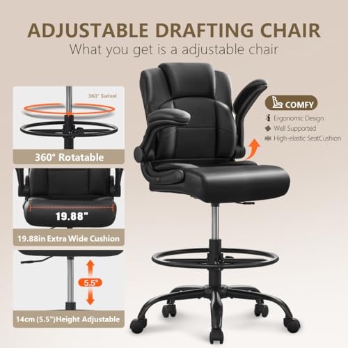 500 lbs Drafting Chair Tall Office Chair with Flip-up Armrests for Standing Desk Executive Ergonomic Computer Leather Desk Chair with Lumbar Support, Adjustable Foot Ring for Home or Drawing Use BOSMILLER