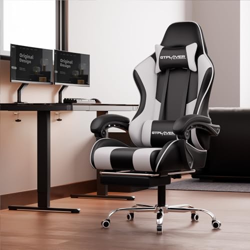 GTPLAYER Gaming Chair, Computer Chair with Footrest and Lumbar Support, Height Adjustable Game Chair with 360°-Swivel Seat and Headrest and for Office or Gaming (White) GTPLAYER