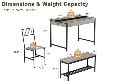 GarveeHome Dining Table Set for 4, Small Kitchen Table and 2 Chairs for 4 with Bench, Space Saving Kitchen Table Set with Storage Rack & Drawers, Breakfast Nook Rectangular Farmhouse Table Set, Grey GarveeHome