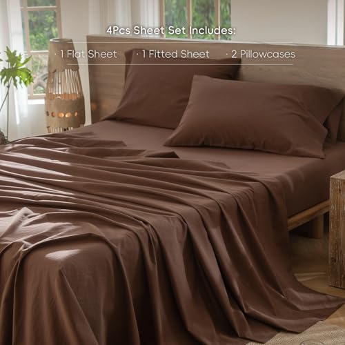 MooMee Bedding Sheet Set 100% Cotton Linen Like Textured Breathable Durable Soft Comfy (Solid Cocoa Brown, Queen) MooMee