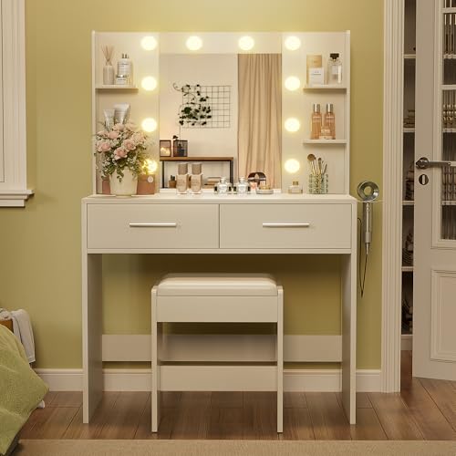 YESHOMY Vanity Desk with Mirror, Makeup Table with 2 Large Drawers, Power Outlet and Round Holder, 3 Color Modes Adjustable Bulb, Bench Included, White YESHOMY