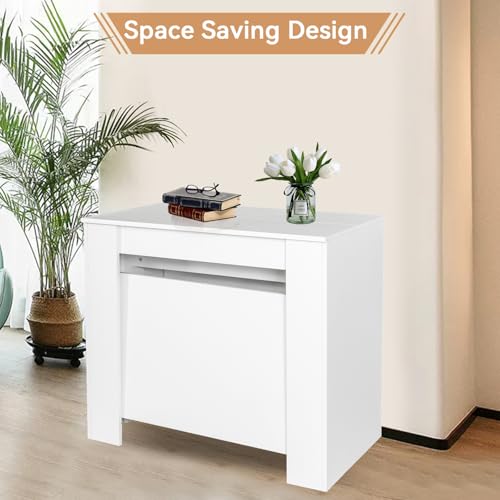 20"-118" Extendable Dining Room Table Console Table, Modern Large Dining Table for 2-14 People, White Wood Extendable Kitchen Console Table with Wood Legs for Entryway Henf