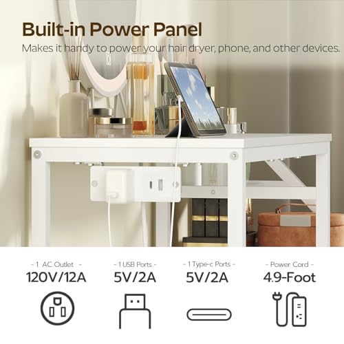 YATINEY Small Vanity Desk Without Mirror, Makeup Vanity Table with Power Outlet, White Vanity with Fabric Drawers, Dressing Table, for Small Spaces, Bedroom, White YATINEY