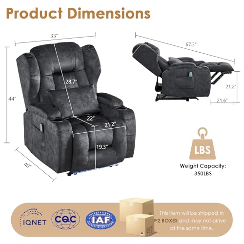 SAMERY Power Recliner Chair with Massage and Heat, Zero Wall Hugger Recliners Sofa Chair for Small Spaces, Theater Seating RV Sofa with LED Surround Lighting/USB/Cup Holders, Velvet, Charcoal